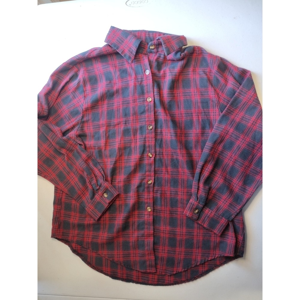 Red and Black Plaid Flannel Button Down Shirt Long Sleeve Women's Medium